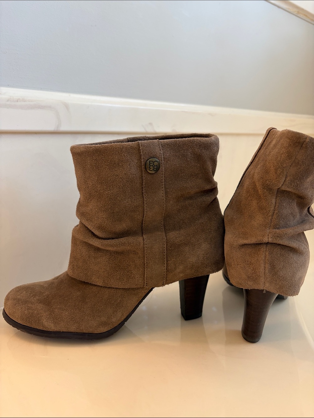 BCBG Brown Suede Slouch Heel Ankle Boots